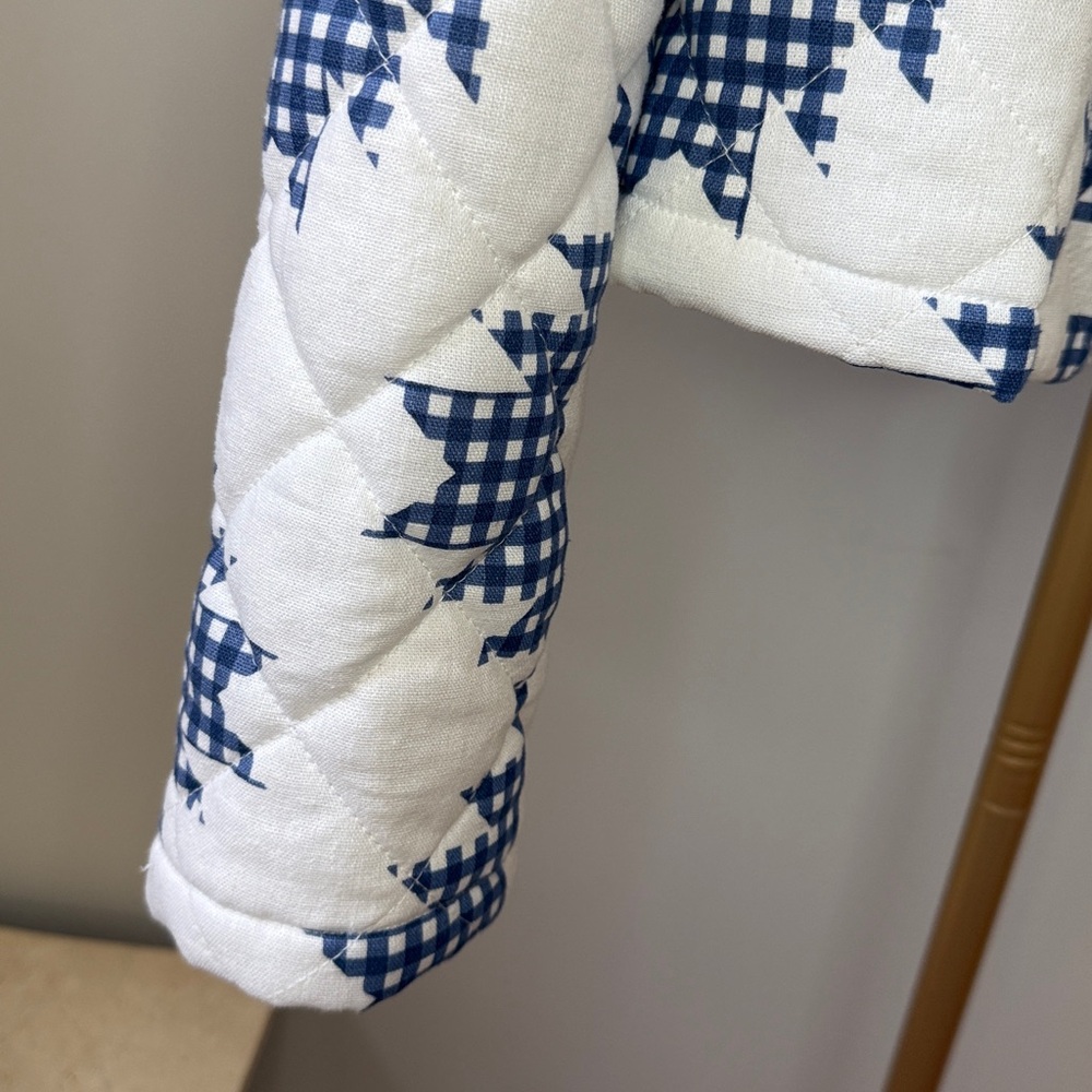 NWT CAROLINE CONSTAS White/Blue Quilted Jacket Linen Blend Puffy Shoulder $395 - Picture 3 of 8